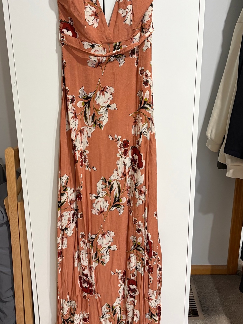 Angel Biba Coral Floral Maxi Dress with White & Green Accents